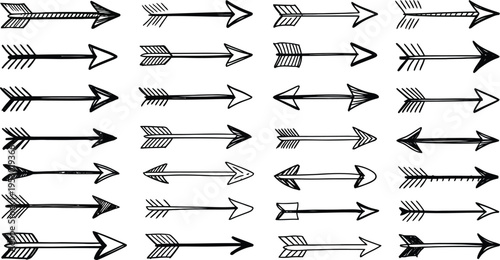 Collection of diverse handdrawn arrow icons with various feather and arrowhead styles isolated on a white background