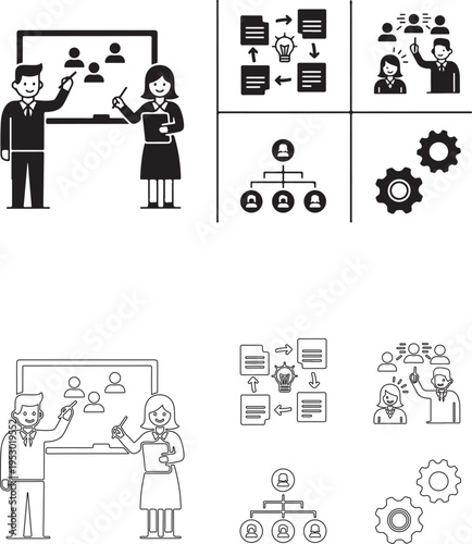 Corporate brainstorming illustration. Male and female professionals working together on whiteboard with sticky notes and flowchart for strategy and creative solutions..eps