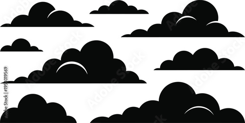 Collection of various black cloud shapes on white background for design use