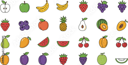 Colorful cartoon fruit icons on white background for food and nutrition concepts