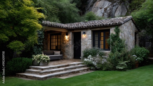 A small stone house with black windows and doors leaning against a rocky backdrop, surrounded by greenery on the lawn of an old garden estate with walls made of natural stone.
