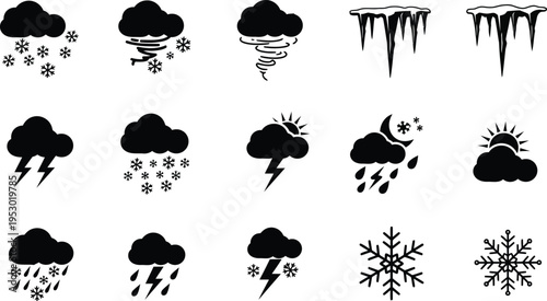 Collection of black silhouette weather icons on white background for graphic design