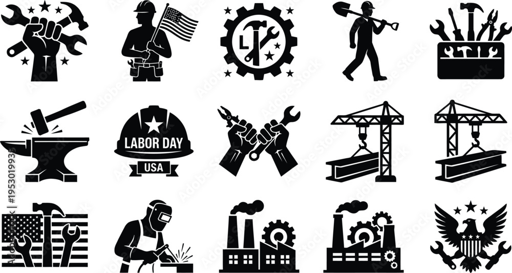 Fototapeta premium Black and white Labor Day USA icons set with various labor and industry related symbols and tools