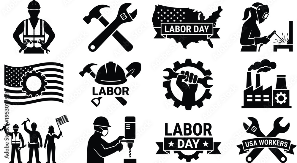 Fototapeta premium Black and white Labor Day icons set with tools and workers American celebration symbols