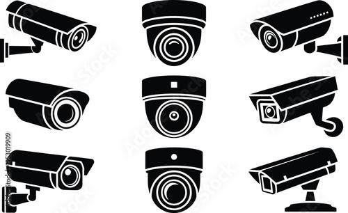 Collection of various black security camera icons on white background