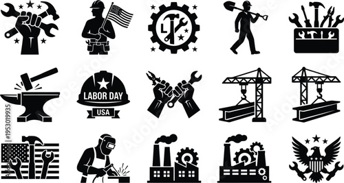 Black and white Labor Day USA icons set with various labor and industry related symbols and tools