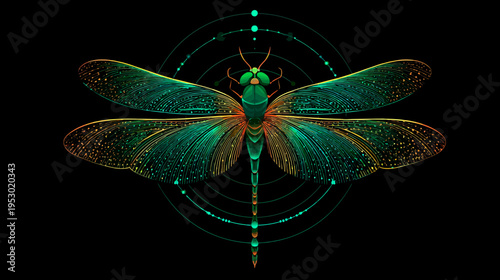 A vibrant stylized dragonfly with layered wings and geometric accents against a black background