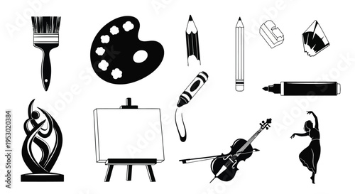 A collection of black and white artistic icons representing various creative fine art disciplines