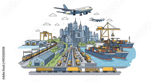Global Logistics Hub: Cityscape with Cargo Ships, Trucks, Trains, and Airplanes
