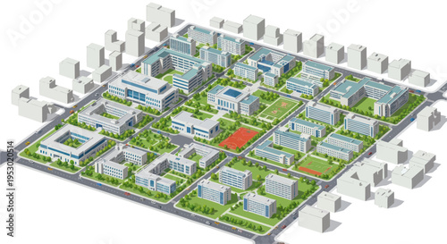 Modern Urban Campus University Buildings Aerial View, Green Spaces, Sports Fields