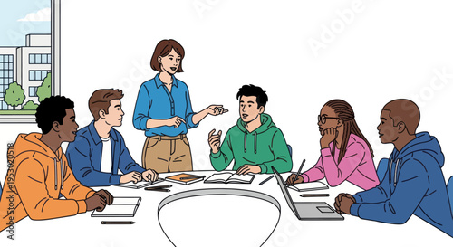 Diverse students in a collaborative meeting with teacher, brainstorming ideas around a table