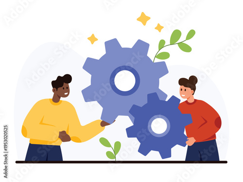 Business project development, optimization. Tiny people of maintenance support service holding gears to optimize efficiency of operation and product, implement and install cartoon vector illustration