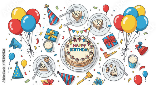 Happy Birthday Celebration: Cake, Balloons, Gifts, Party Hats, Confetti - Top View