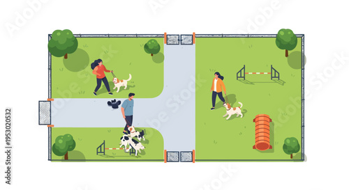 Dog Park Aerial View: People with Pets Enjoying Outdoor Activities and Agility Training