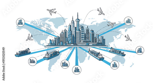 Global Logistics Network: City Skyline, Ships, Airplanes, World Map, Shipping Routes