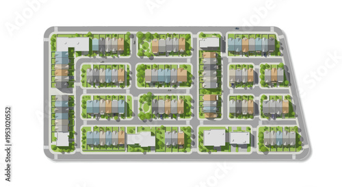 Aerial View of a Modern Residential Neighborhood with Townhouses and Green Spaces