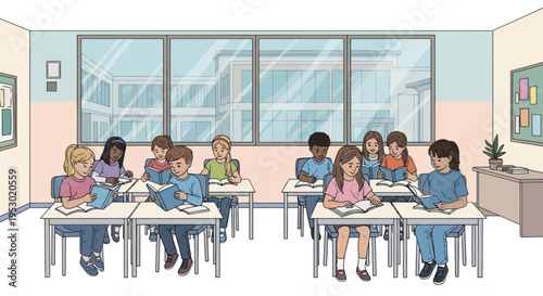 Children learning in a bright, modern classroom with large windows