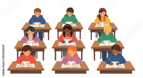 Diverse students learning and writing at desks in a classroom setting, educational concept