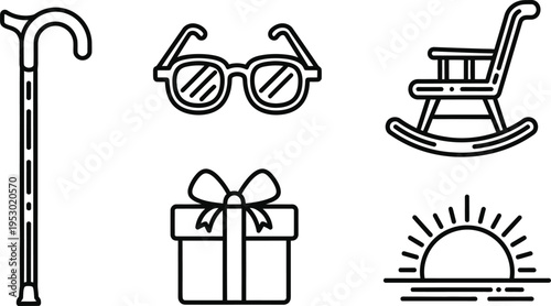 Icons representing senior life: cane, glasses, rocking chair, gift, and sunrise.