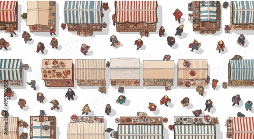 Pixel Art Market Scene: People Shopping at Stalls, Top-Down View