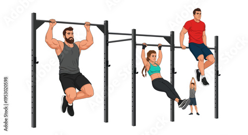 Diverse Group Exercising on Pull-Up Bars and Dip Station in Gym