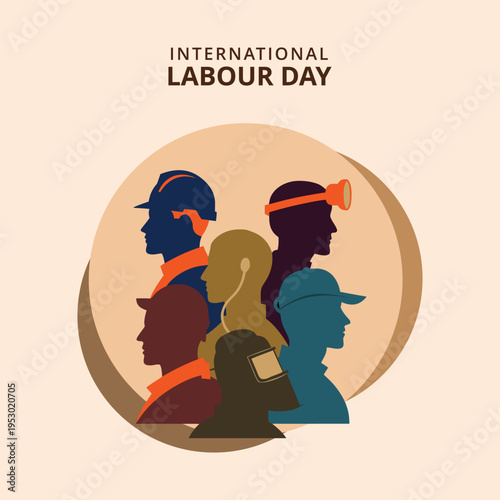 Diverse workers silhouettes for international labour day celebration with orange accents