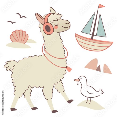 A Happy Alpaca with wearing headphones in a Beach day theme – Ocean Breeze palette SVG illustration