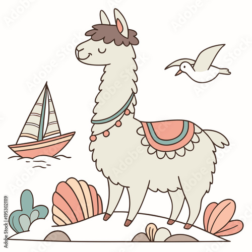 Cute SVG of a Dreamy Alpaca in Ocean Breeze colors, featuring with a tiny crown in a Beach day setting