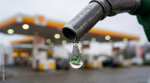 Fuel nozzle dripping gasoline with blurred gas station and rising graph reflected in droplet. Concept of rising fuel prices, oil market surge, energy costs increase, inflation, petroleum industry
