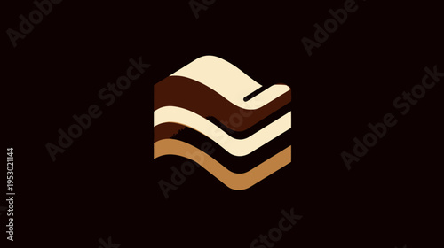 Abstract, layered form, with curved lines and a gradient of brown and cream hues on dark background