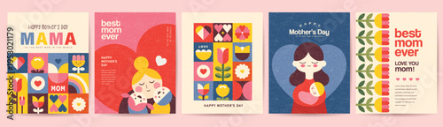 Set of Mother's Day greeting cards and posters with flowers, hearts, mother and child, gift, typography and retro geometric shapes in colorful flat illustration style.