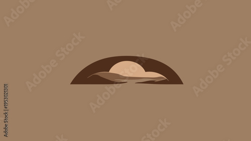 Simplified image depicts a stylized sun setting behind gently rolling hills, enclosed within an arch