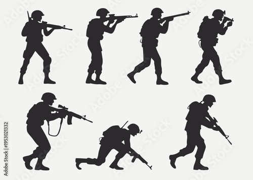 A vector graphic illustration of silhouetted soldiers in various combat positions