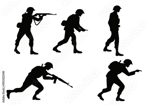 A set of black silhouettes depicting soldiers in various combat positions on a white background