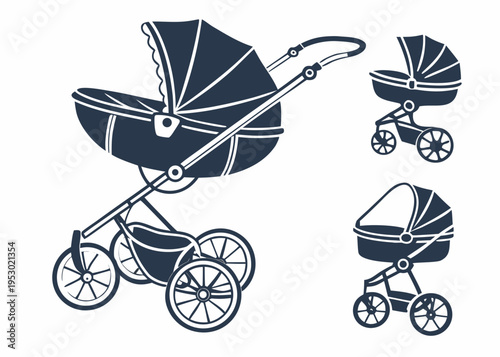 A set of baby stroller vector icons in a minimalist flat design style