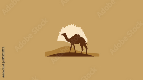 Silhouette of a camel walking through a desert landscape with sun. Earth tone palette