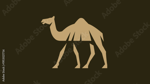 A geometric illustration of a camel in a two-tone color palette, dark and tan