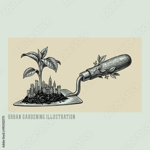 Urban garden illustration, hand-drawn organic greenery and nature-inspired design for modern living