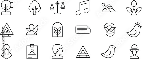 Collection of 16 simple line icons featuring various symbols and objects