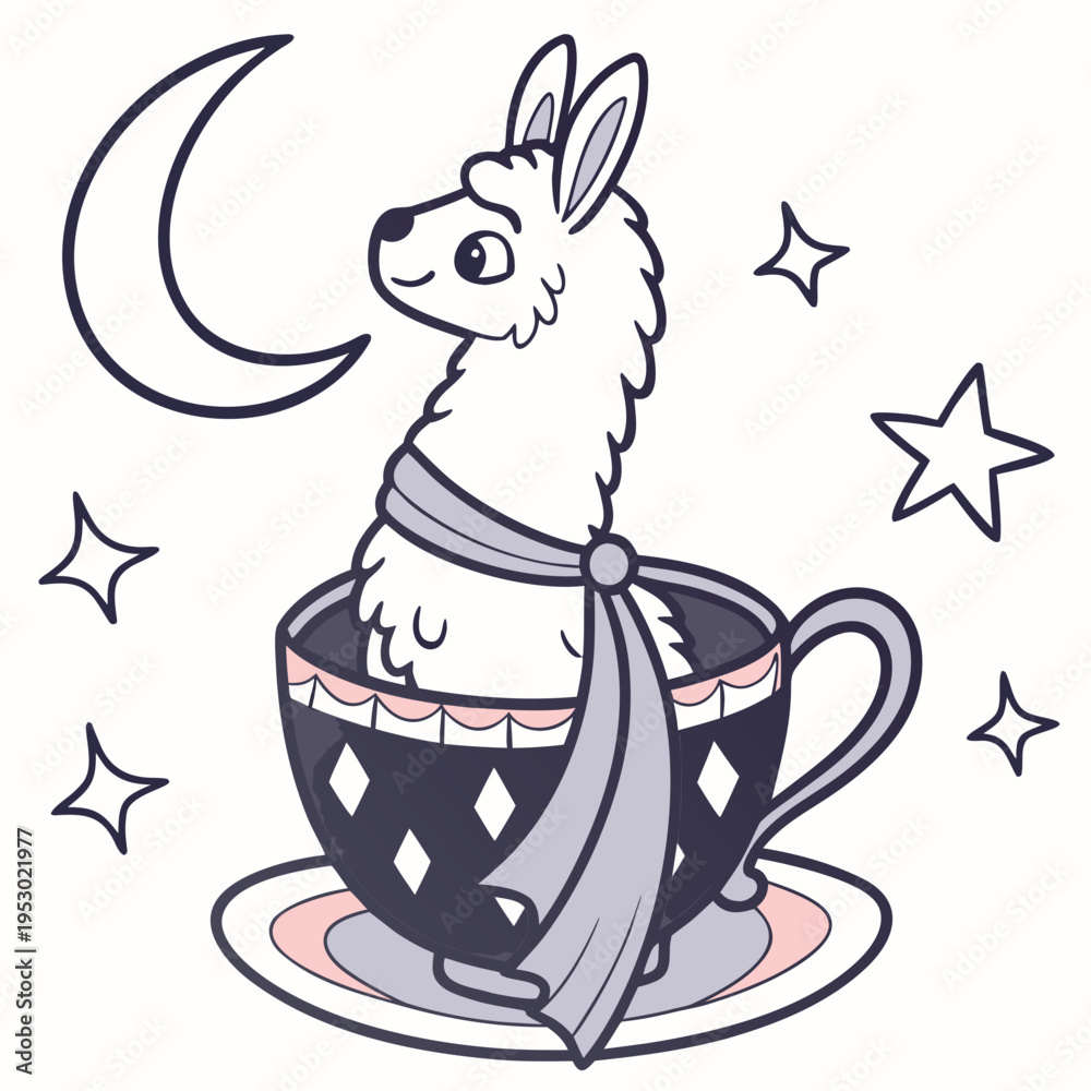 Obraz premium Lunar Elegance colored Alpaca with a Curious touch, placed in a Starlight Ball theme and styled with in a teacup