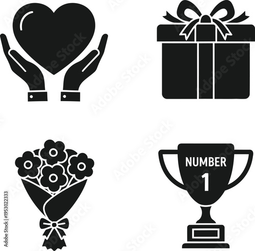 Hands holding heart, gift box, flower bouquet, and trophy icons symbolizing love, celebration, and success.
