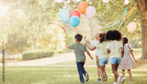 Joyful diverse children running with colorful balloons in a sunny park, back view, copy space left