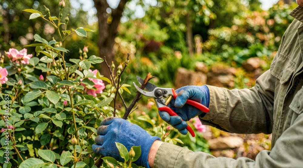 Obraz premium Gardener hands in blue gloves using red pruning shears to cut a branch. Close up of trimming a rose bush in a sunny summer garden