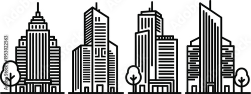 City skyline icons set modern building silhouettes
