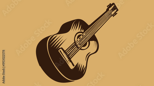 A brown vector illustration shows a guitar on a tan background at an angle