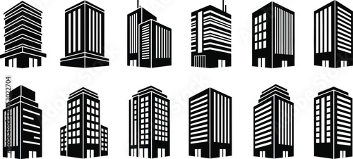 Black and white cityscape icons set urban skyscraper buildings