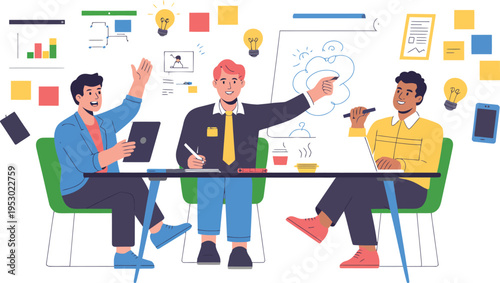 Three colleagues actively participate in a dynamic meeting pointing at.