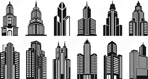 City skyline icons set urban landscape black and white illustrations