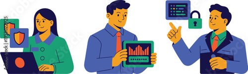 Three diverse professionals collaborate on digital security and data.