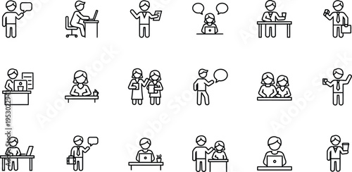 Business presentation icons set for corporate communication and public speaking